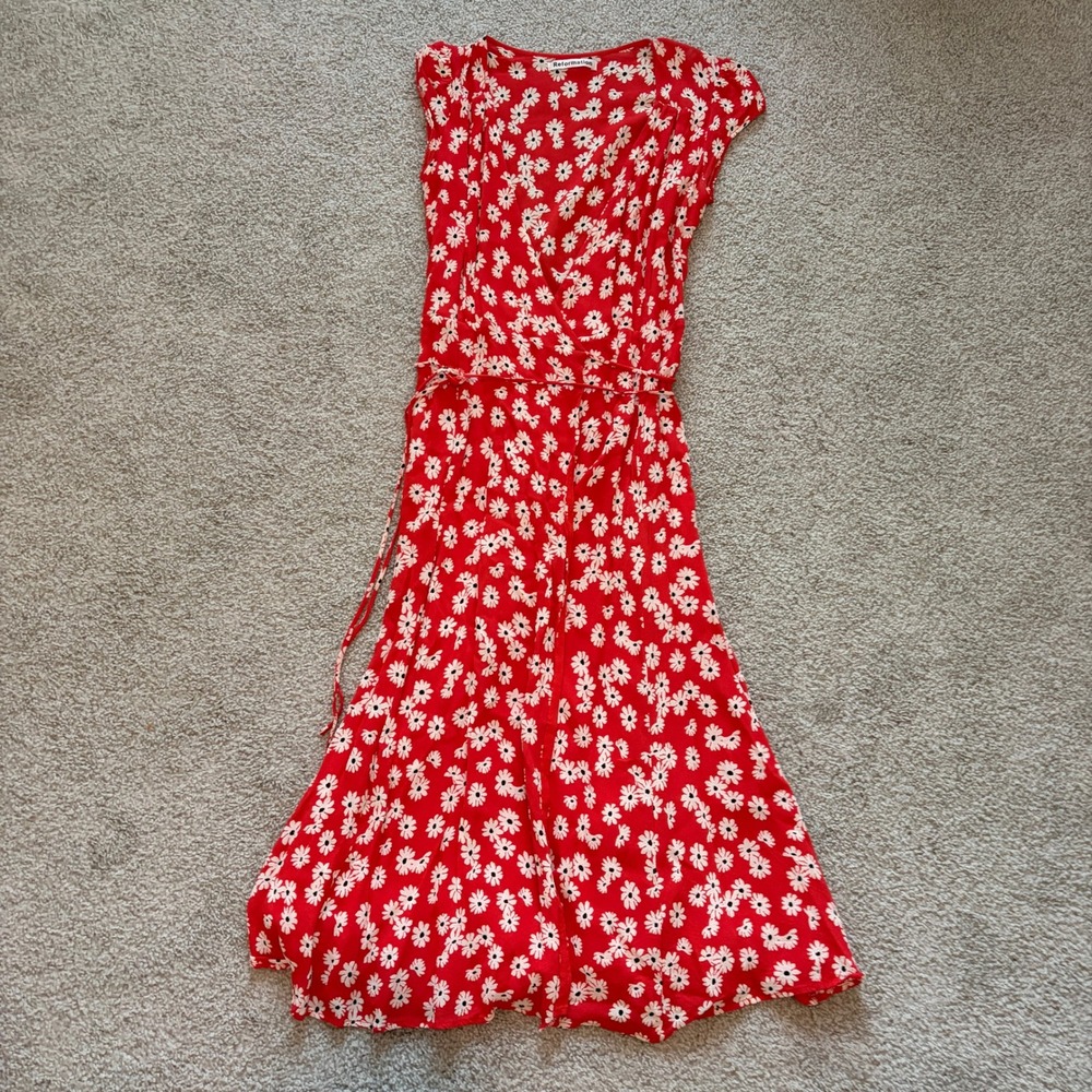Reformation Carina Wrap Midi Dress Womens XS Red Oopsie Daisy Floral Retro